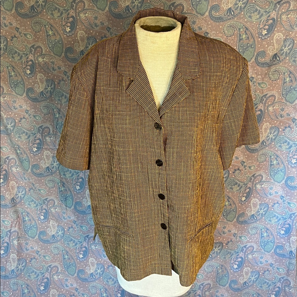 Sag Harbor Tan and Black houndstooth button down short sleeve shirt VTG Size XL
